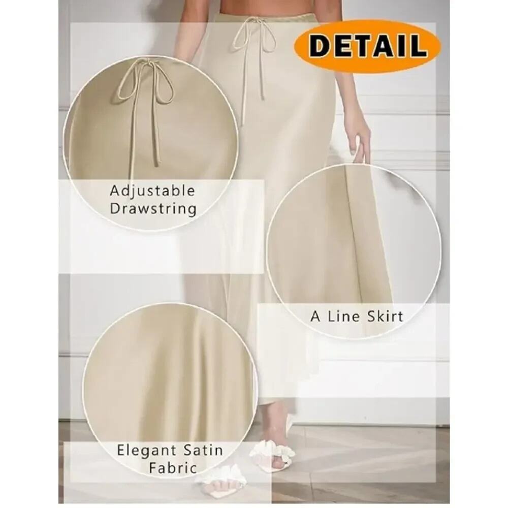 Women's Maxi Skirts Satin Drawstring High Waisted Silk Elegant Flowy Casual - Picture 3 of 4